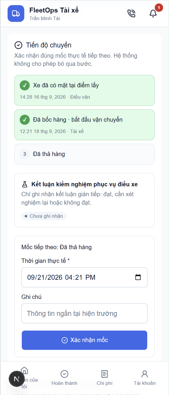 App Tài xế — Cập nhật tiến độ 3 mốc và kiểm nghiệm